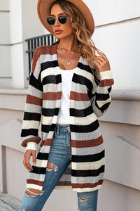 Full Size Striped Long Sleeve Openwork Cardigan**