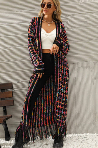 Multicolored Open Front Fringe Hem Cardigan**