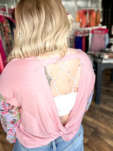 Pink Open Back Top With Floral Balloon Sleeve